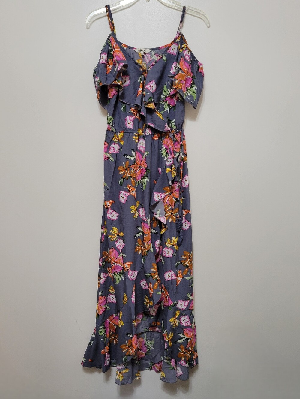 Hint Of Blush Gray And Pink Floral Cold Shoulder Hi Low Dress